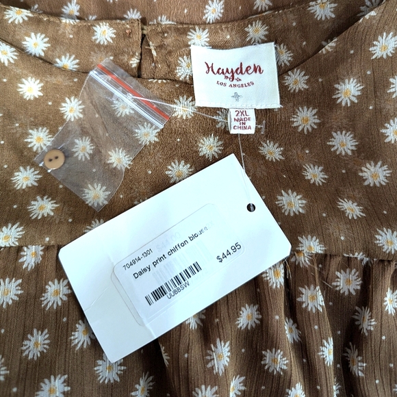 Hayden Los Angeles Daisy Layered Peplum Bell Long Sleeve Tunic Blouse Brown - Picture 5 of 6